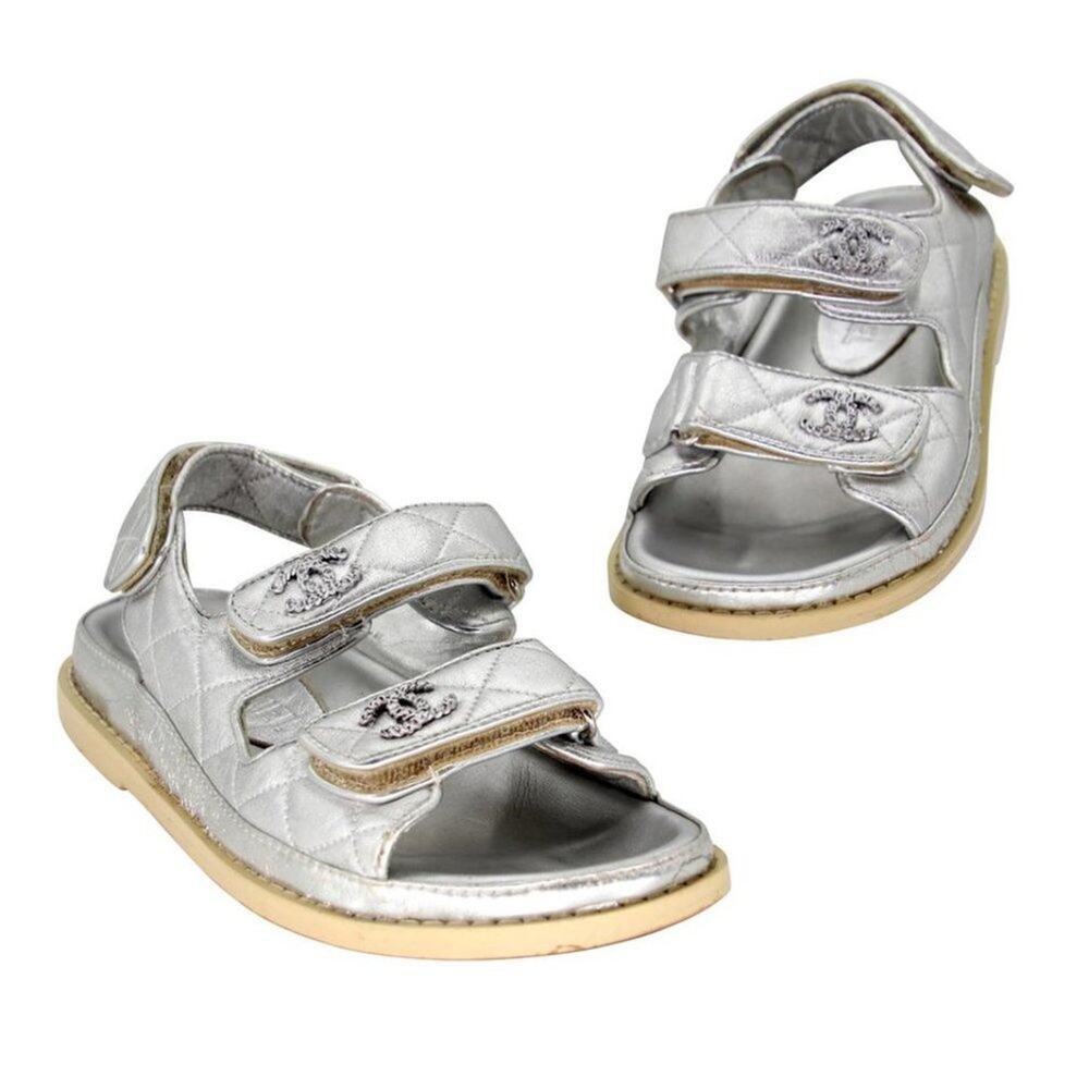 CHANEL Silver Quilted Leather Velcro-Strap Sandals